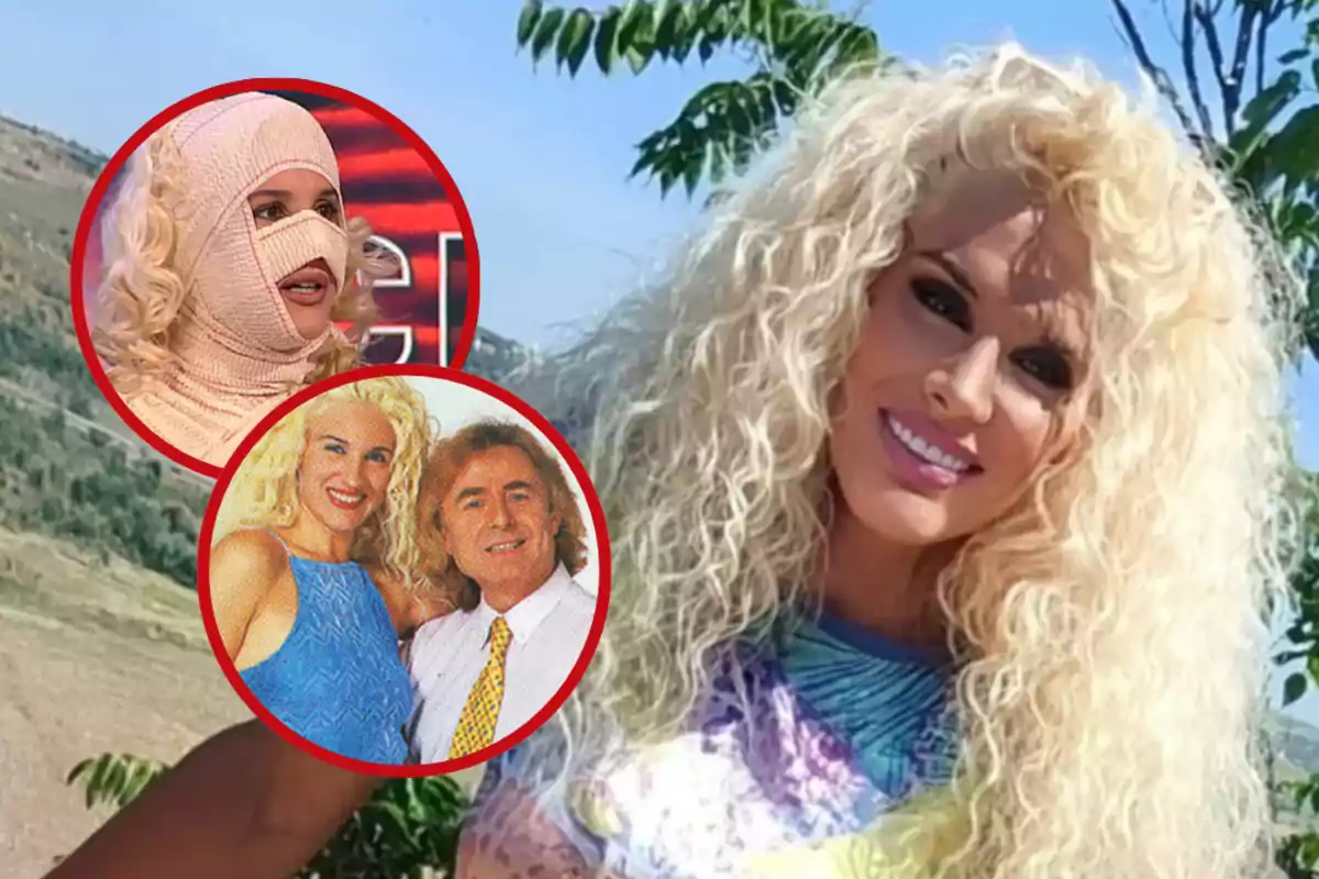 Mujer rubia de cabello rizado sonriendo al aire libre con dos recuadros circulares que muestran diferentes momentos de su vida uno con el rostro vendado y otro acompañada de un hombre