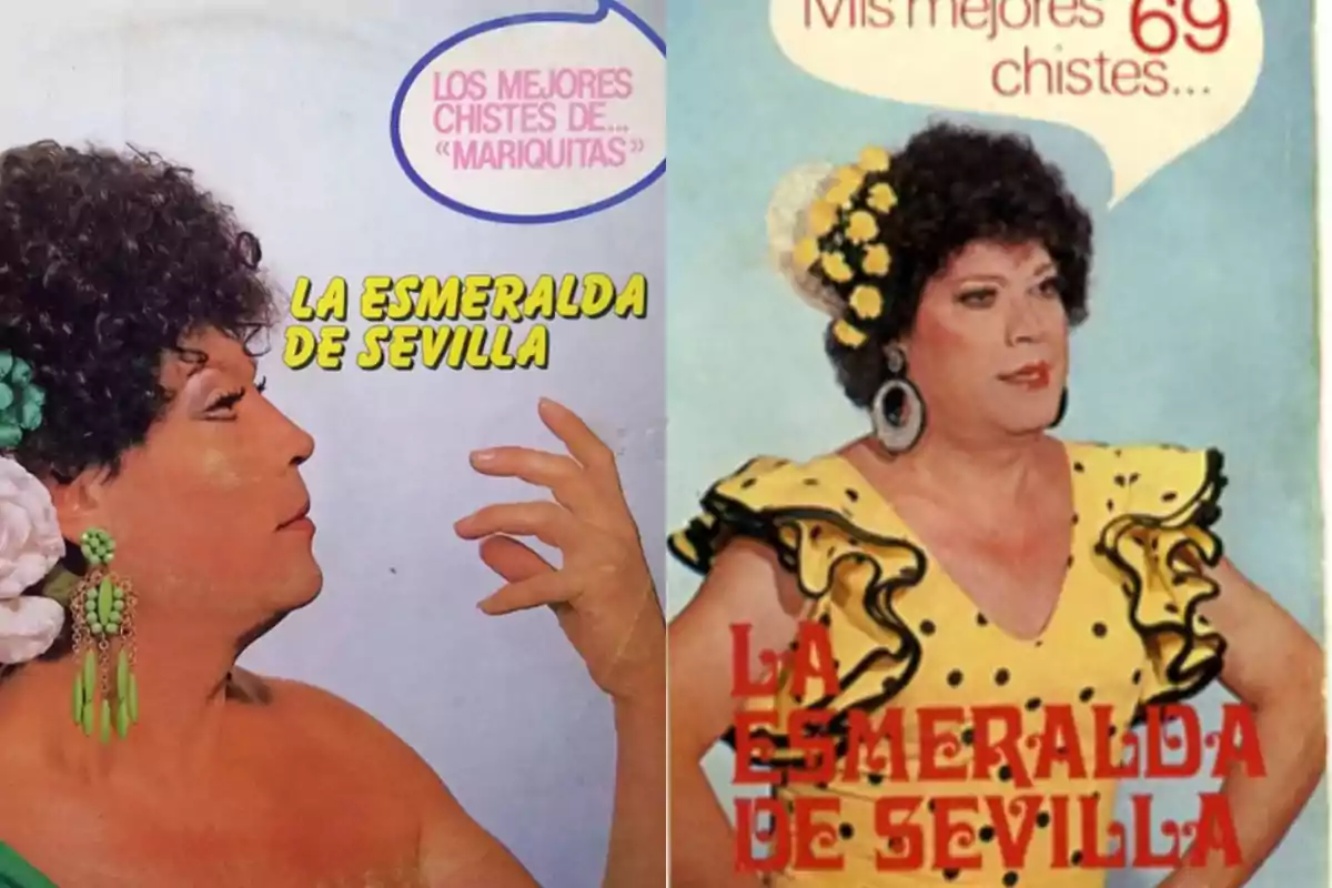 Dos portadas de libros antiguos con una persona vestida con traje flamenco y flores en el cabello, ambas con el texto La Esmeralda de Sevilla Dos portadas de libros antiguos con una persona vestida con traje flamenco y flores en el cabello, ambas con el texto La Esmeralda de Sevilla
