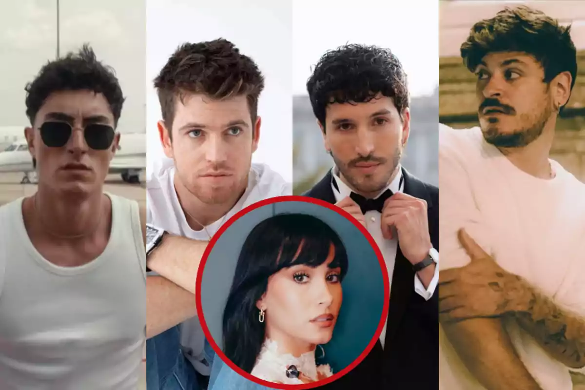 Cuatro hombres posan individualmente en una imagen dividida en secciones verticales, mientras que en el centro hay un círculo rojo que enmarca el rostro de una mujer