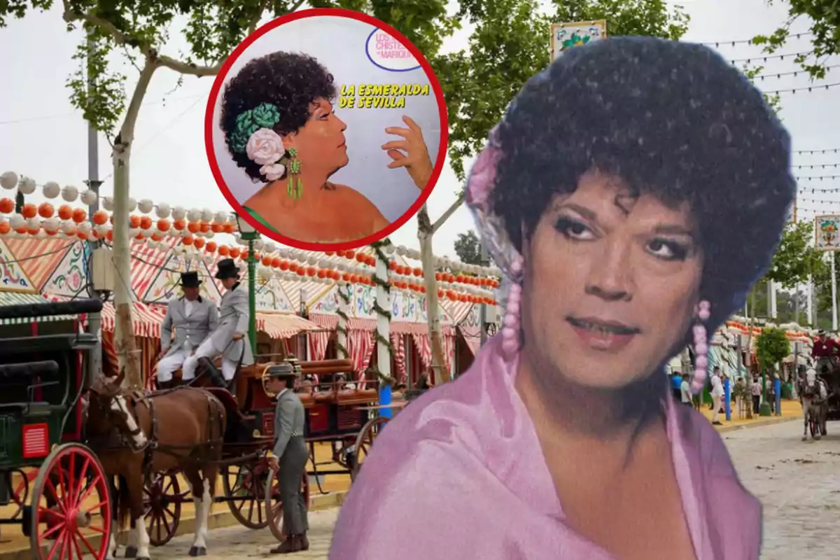 Una persona con peinado rizado y flores en el cabello aparece en primer plano con fondo de feria andaluza y carruajes, además de un círculo que muestra la portada de un disco con la misma persona.