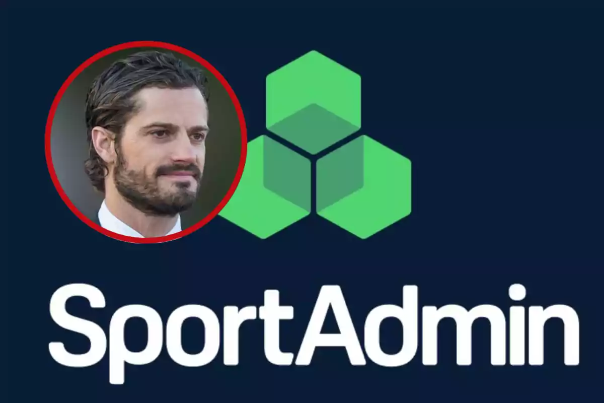 Hombre de cabello oscuro y barba dentro de un círculo rojo junto al logotipo y texto de SportAdmin sobre fondo azul oscuro Hombre de cabello oscuro y barba dentro de un círculo rojo junto al logotipo y texto de SportAdmin sobre fondo azul oscuro