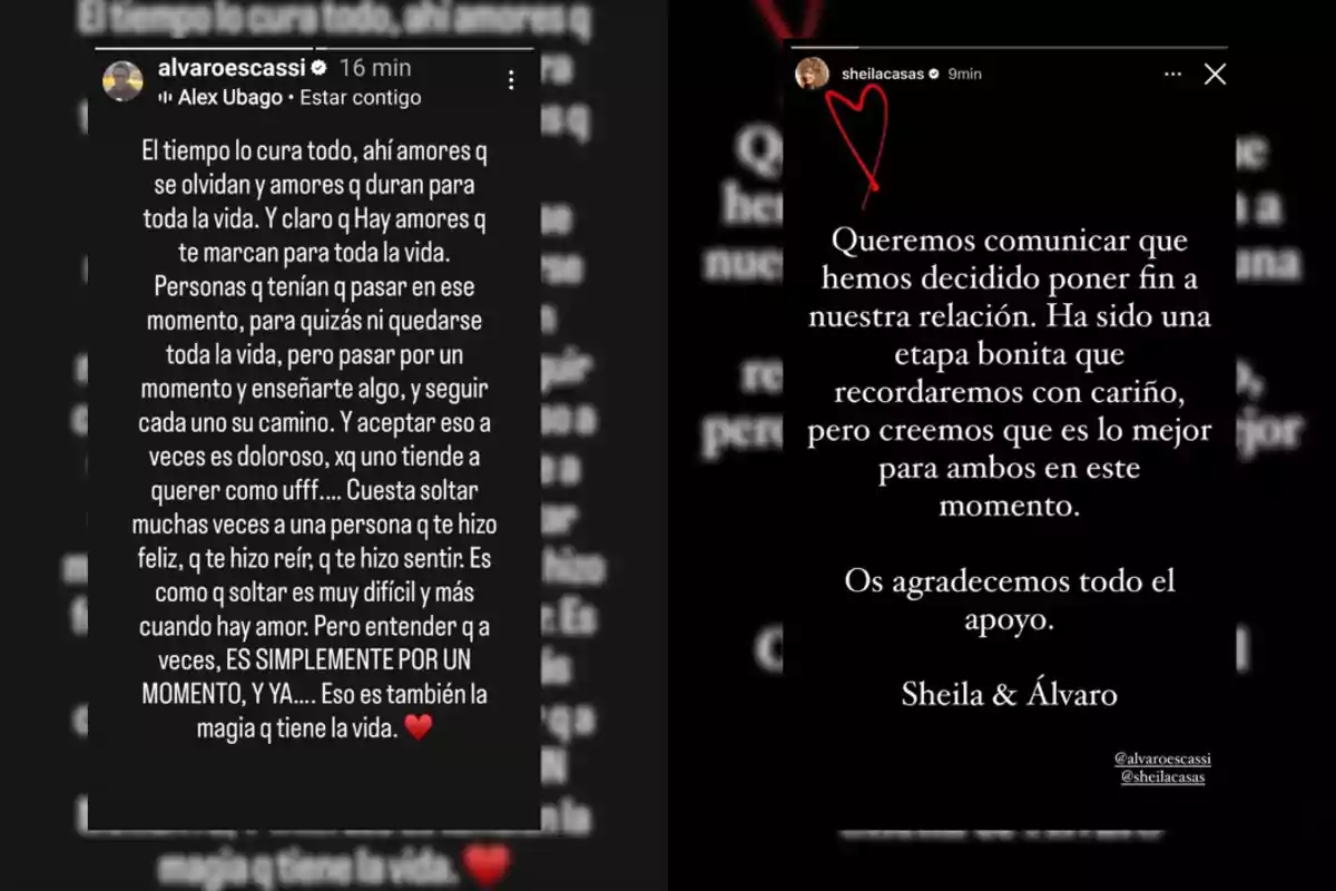 Capturas de pantalla de dos historias de Instagram con mensajes escritos en fondo negro, donde una pareja anuncia el fin de su relación y reflexiona sobre el amor y el aprendizaje que deja cada etapa Capturas de pantalla de dos historias de Instagram con mensajes escritos en fondo negro, donde una pareja anuncia el fin de su relación y reflexiona sobre el amor y el aprendizaje que deja cada etapa