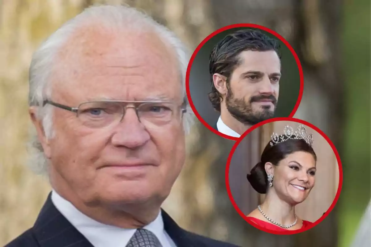 Hombre mayor de cabello canoso y gafas en primer plano con dos retratos circulares de un hombre de barba y una mujer con tiara en la esquina superior derecha