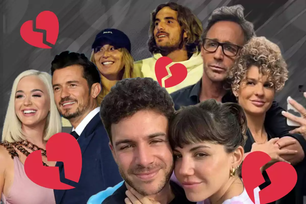 Varias parejas famosas posan juntas mientras aparecen corazones rotos sobre la imagen, sugiriendo rupturas amorosas.