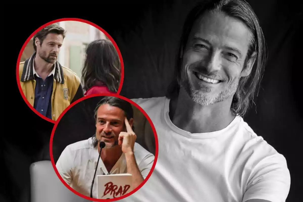 Hombre de cabello largo y barba sonríe en una foto en blanco y negro, acompañado de dos imágenes circulares en color donde aparece interactuando con una mujer y hablando en un micrófono.