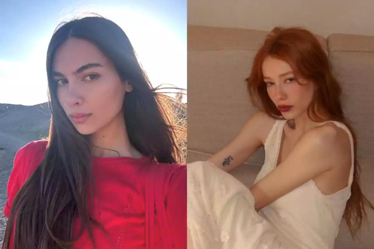 Dos mujeres jóvenes posan para la cámara, una con cabello largo y oscuro usando una blusa roja al aire libre y la otra con cabello largo y pelirrojo sentada en un sofá con ropa clara Dos mujeres jóvenes posan para la cámara, una con cabello largo y oscuro usando una blusa roja al aire libre y la otra con cabello largo y pelirrojo sentada en un sofá con ropa clara