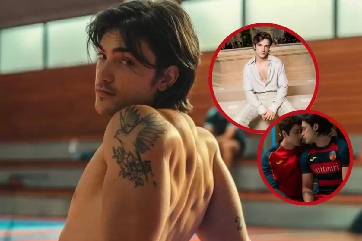 Joven de cabello oscuro y tatuaje de ave en el hombro mira hacia la cámara en un gimnasio, con dos recuadros circulares mostrando una foto de él sentado y otra escena romántica con otro chico.
