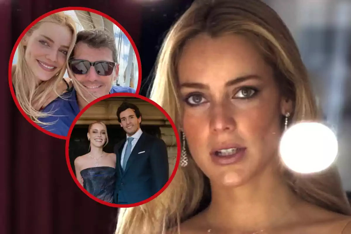 Mujer rubia en primer plano con expresión seria y dos recuadros circulares mostrando a la misma mujer acompañada de diferentes personas