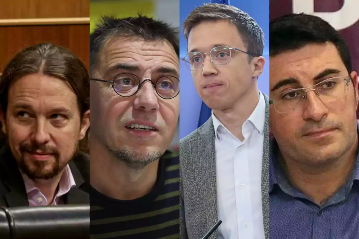 Cuatro hombres con gafas y expresión seria aparecen en un collage de retratos, cada uno con fondo diferente.