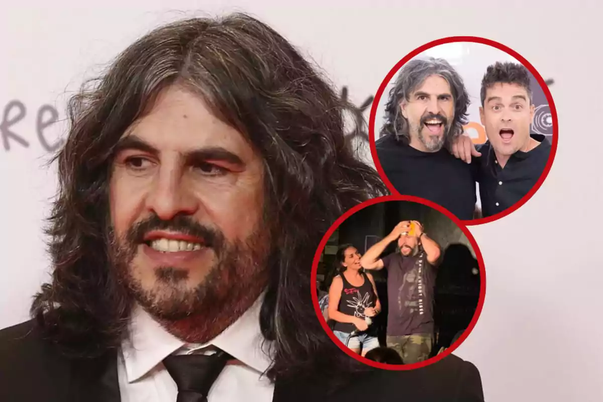 Hombre de cabello largo y barba con traje oscuro sonríe mientras dos recuadros muestran momentos divertidos con otras personas