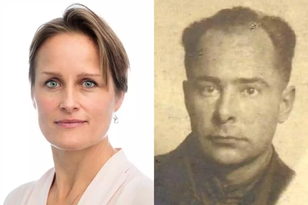 Dos retratos uno de una mujer de cabello corto y ojos claros con fondo blanco y otro de un hombre en una fotografía antigua en tonos sepia Dos retratos uno de una mujer de cabello corto y ojos claros con fondo blanco y otro de un hombre en una fotografía antigua en tonos sepia