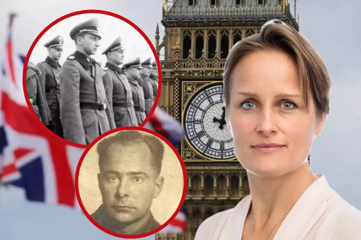 Una mujer de cabello corto y claro frente al Big Ben, con la bandera del Reino Unido de fondo y dos recuadros rojos que muestran una foto antigua de soldados y un retrato en sepia de un hombre