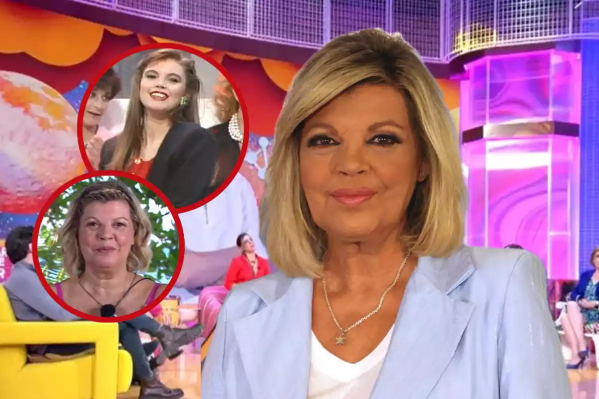 Mujer rubia con chaqueta azul claro en un plató de televisión colorido con dos imágenes circulares de diferentes etapas de su vida en la esquina izquierda