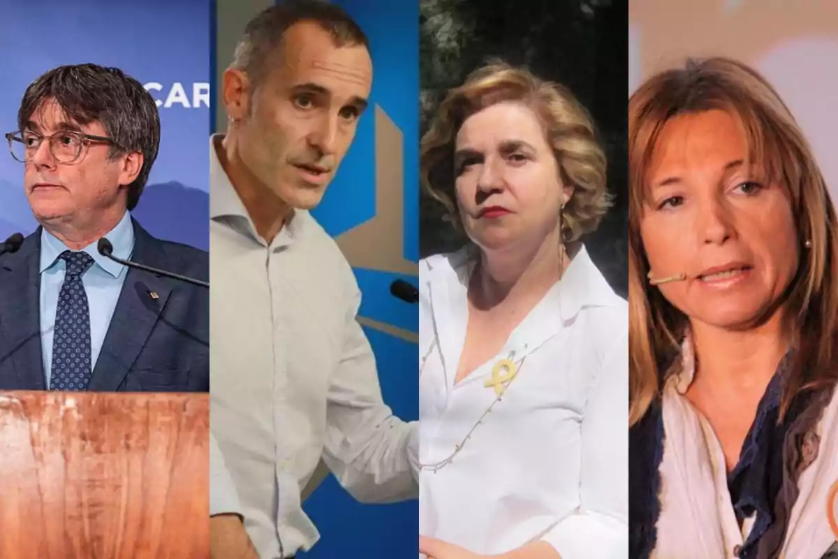 Cuatro personas posando en diferentes escenarios, dos hombres y dos mujeres, todos con expresión seria y usando micrófono o frente a un atril