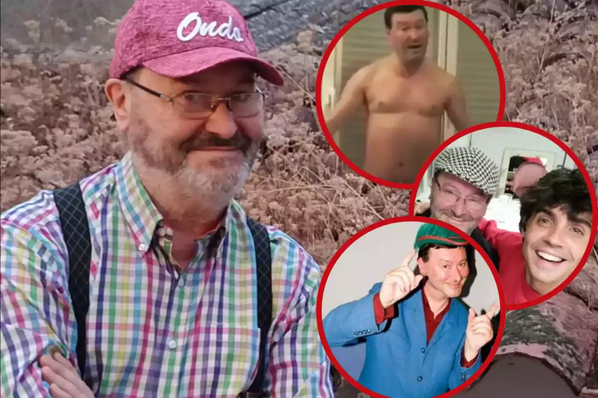 Hombre mayor con barba y gafas usando gorra rosa y camisa de cuadros, rodeado de tres imágenes circulares que muestran diferentes momentos de su vida