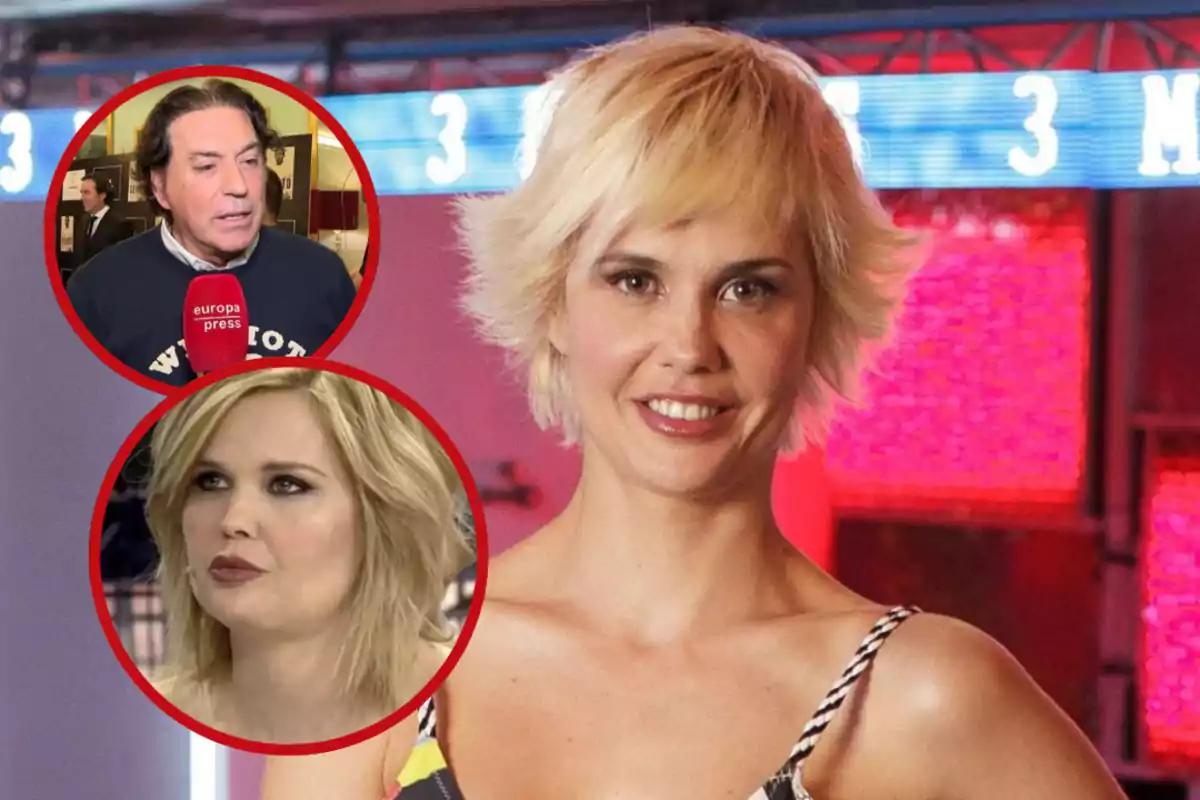 Una mujer rubia sonríe al frente mientras dos personas aparecen en círculos superpuestos a la izquierda sobre un fondo colorido.