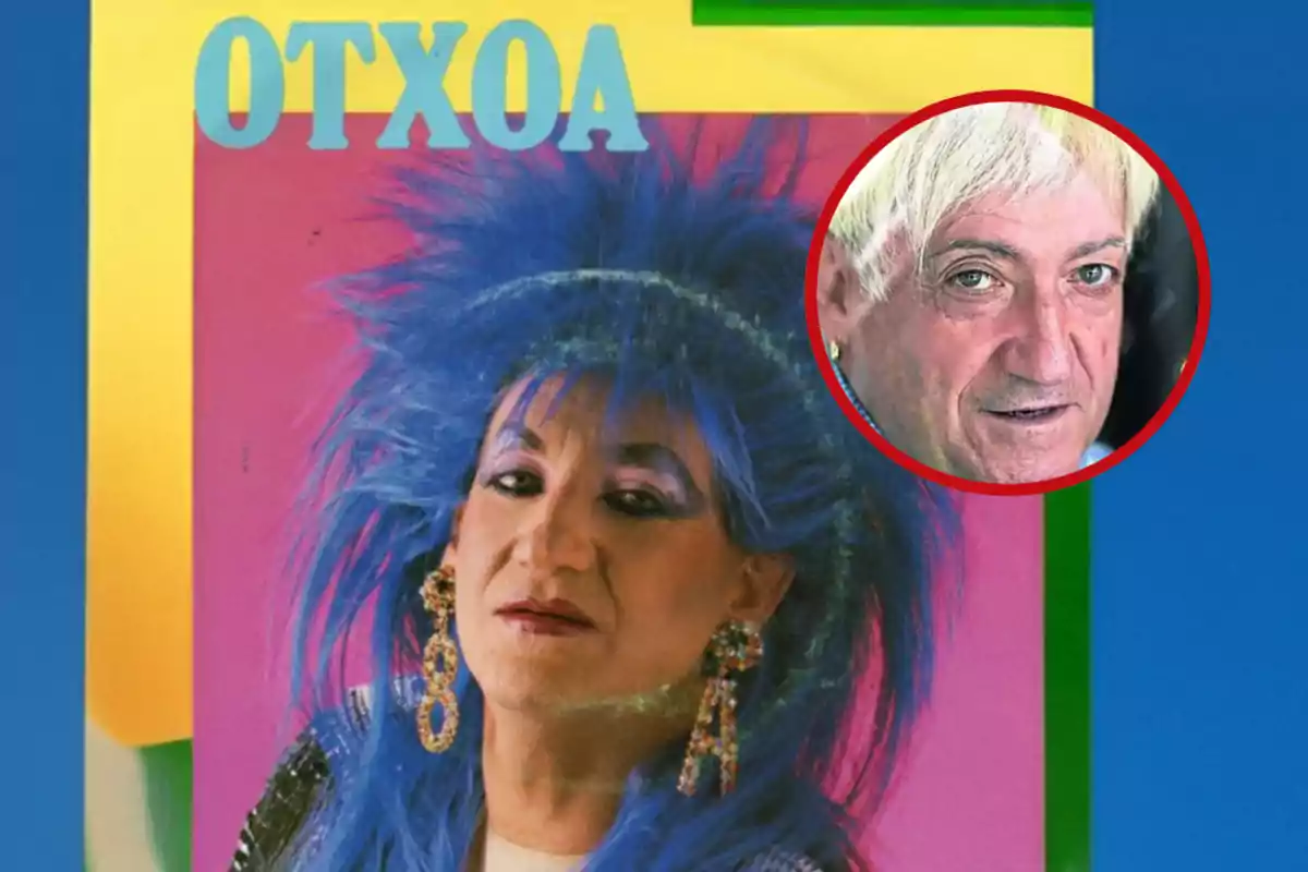 Persona con peluca azul y maquillaje vistoso frente a un fondo colorido con el texto OTXOA y un recuadro circular mostrando el rostro de la misma persona con cabello rubio corto