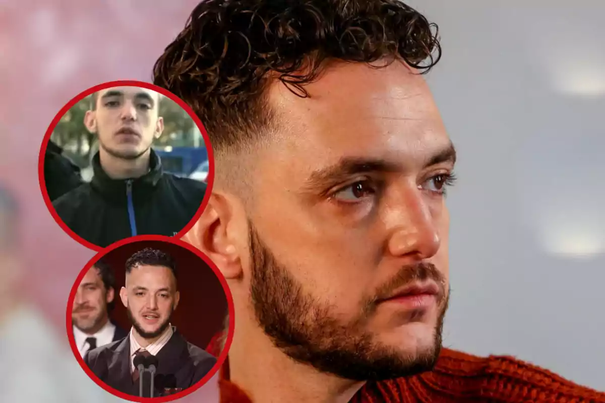 Hombre de cabello rizado y barba mirando hacia la derecha con dos imágenes circulares más pequeñas mostrando diferentes etapas de su vida