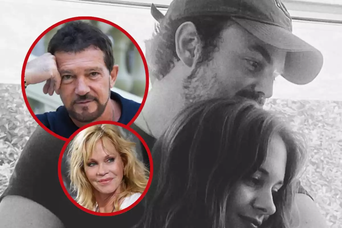 Pareja abrazándose en una foto en blanco y negro con dos retratos circulares de un hombre y una mujer en color sobrepuestos en la esquina izquierda