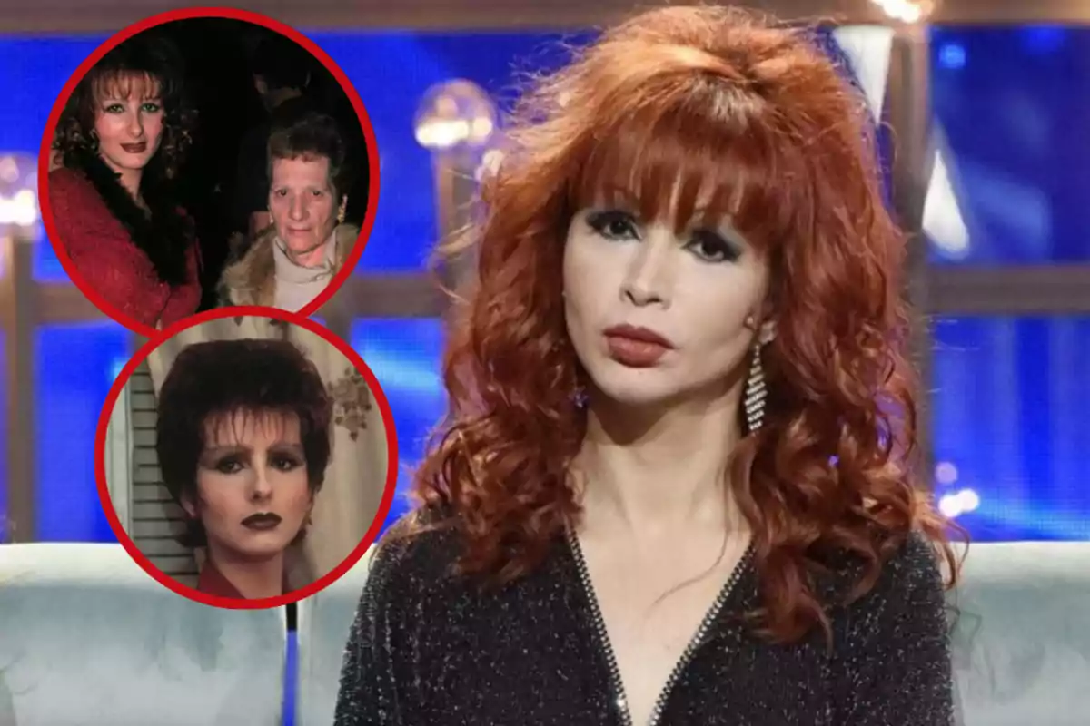 Mujer pelirroja con cabello rizado y vestido negro sentada en un set de televisión con dos fotos antiguas enmarcadas en círculos rojos en la esquina superior izquierda