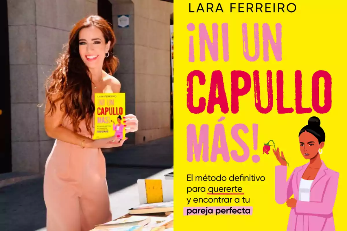 Mujer sonriente con cabello largo y suelto sostiene el libro titulado Mujer sonriente con cabello largo y suelto sostiene el libro titulado