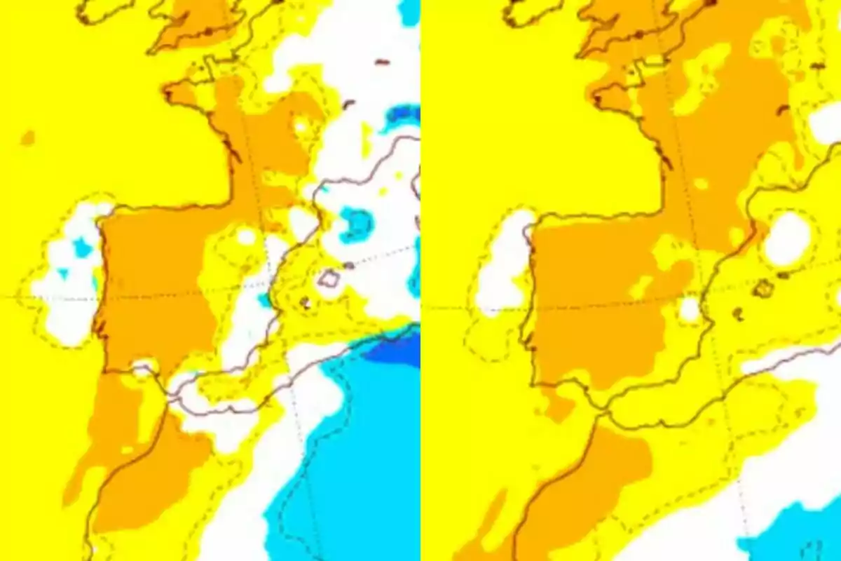 Comparación de dos mapas climáticos de Europa occidental y norte de África con diferentes áreas coloreadas en amarillo, naranja, blanco y azul Comparación de dos mapas climáticos de Europa occidental y norte de África con diferentes áreas coloreadas en amarillo, naranja, blanco y azul