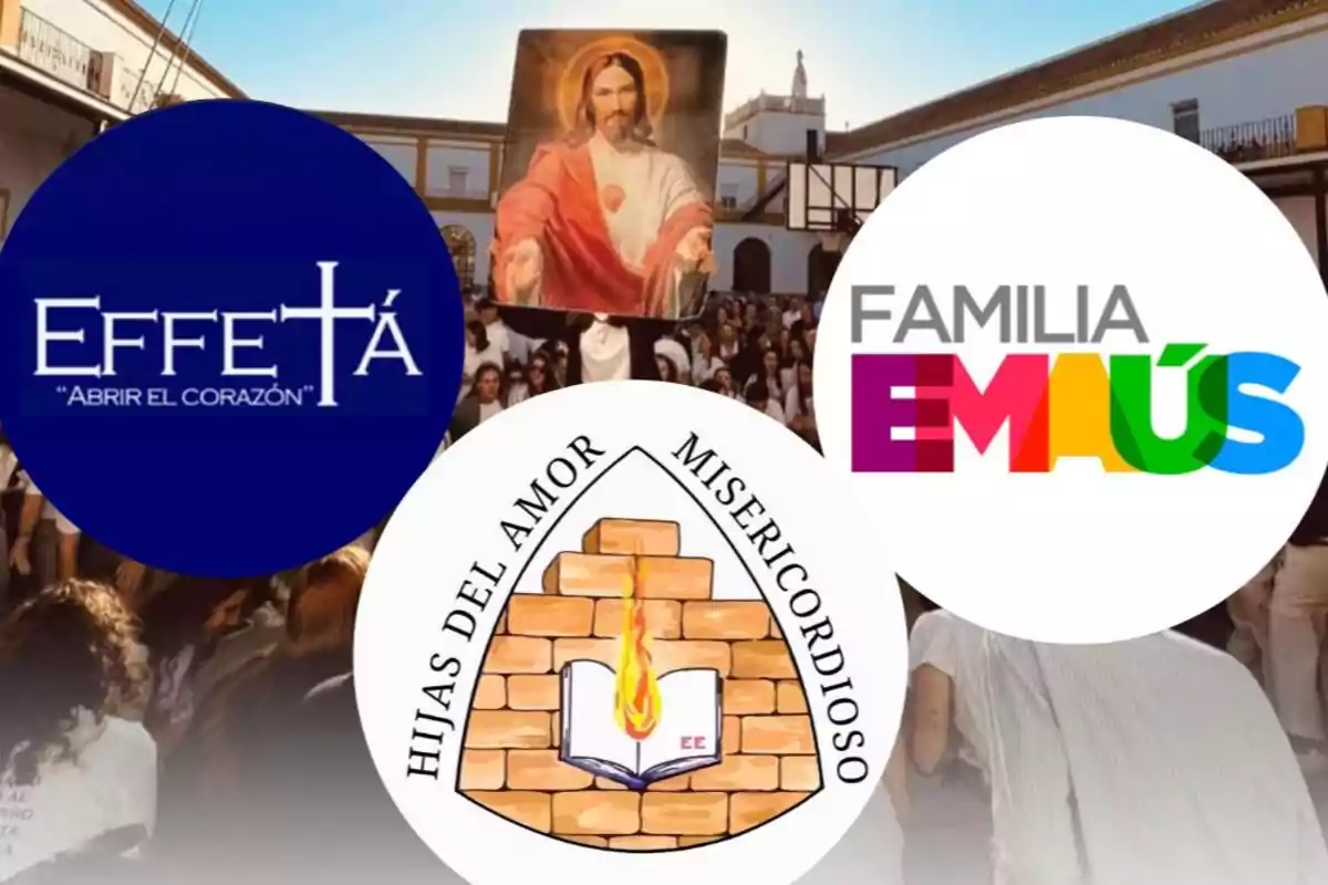Imagen de una multitud en una plaza con una persona sosteniendo una imagen de Jesús en el centro, sobre la foto aparecen los logotipos de Effetá, Familia Emaús e Hijas del Amor Misericordioso