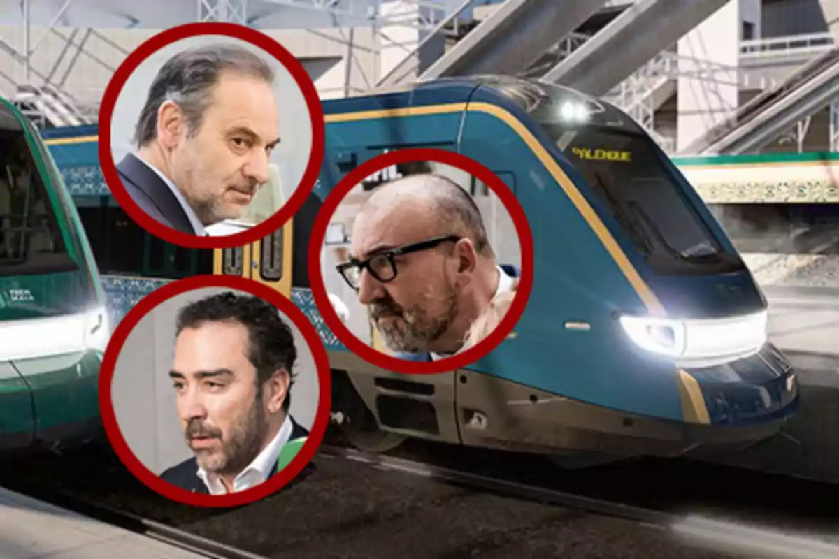 Tres hombres enmarcados en círculos rojos aparecen sobre la imagen de un tren moderno en una estación.
