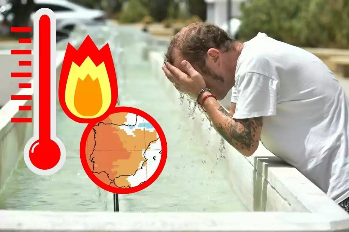 Hombre refrescándose en una fuente durante una ola de calor con iconos de termómetro, fuego y un mapa de temperaturas altas Hombre refrescándose en una fuente durante una ola de calor con iconos de termómetro, fuego y un mapa de temperaturas altas