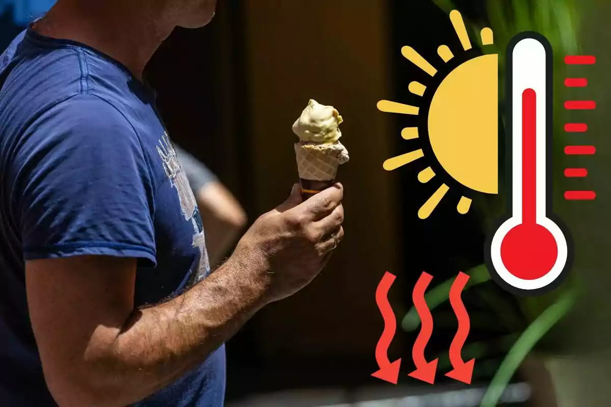 Persona con camiseta azul sostiene un helado mientras aparecen ilustraciones de sol, termómetro y calor indicando altas temperaturas Persona con camiseta azul sostiene un helado mientras aparecen ilustraciones de sol, termómetro y calor indicando altas temperaturas