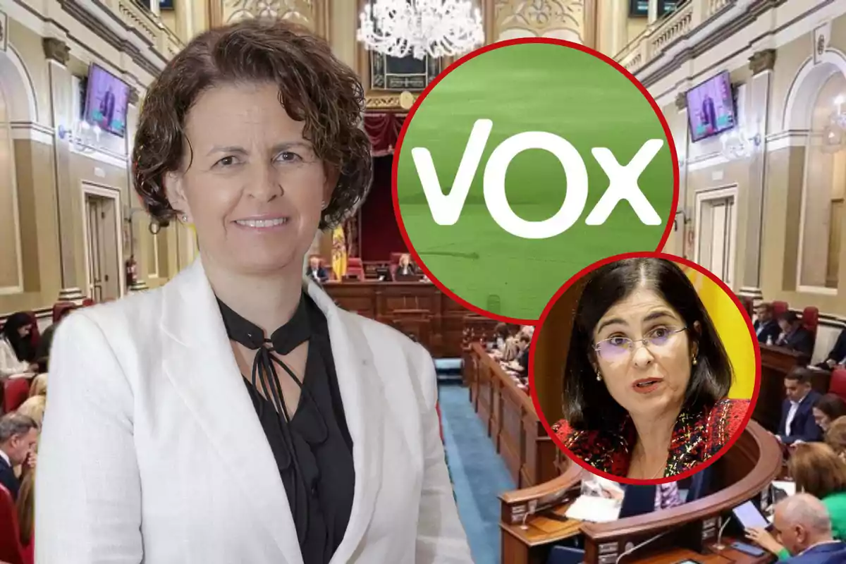 Una mujer con chaqueta blanca aparece en primer plano dentro de un parlamento, junto a un logo de Vox y la imagen de otra mujer en un círculo rojo