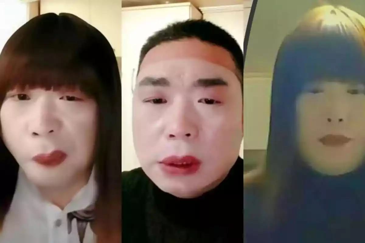 Tres imágenes muestran a la misma persona con diferentes estilos, en dos de ellas lleva peluca y maquillaje, y en la del centro aparece sin peluca, revelando su cabello corto. Tres imágenes muestran a la misma persona con diferentes estilos, en dos de ellas lleva peluca y maquillaje, y en la del centro aparece sin peluca, revelando su cabello corto.