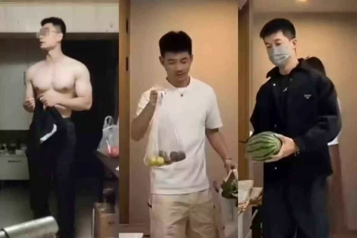 Tres hombres jóvenes en diferentes situaciones dentro de una casa, uno sin camisa sosteniendo ropa, otro con camiseta blanca cargando bolsas de compras y el tercero con cubrebocas y chaqueta negra sosteniendo una sandía. Tres hombres jóvenes en diferentes situaciones dentro de una casa, uno sin camisa sosteniendo ropa, otro con camiseta blanca cargando bolsas de compras y el tercero con cubrebocas y chaqueta negra sosteniendo una sandía.