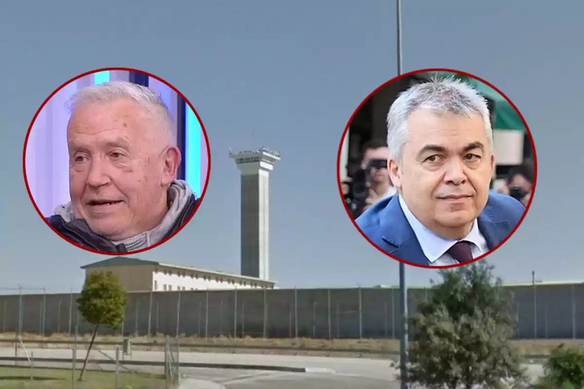 Dos hombres de cabello canoso aparecen en círculos sobre una imagen de una prisión rodeada de una cerca y una torre de vigilancia.