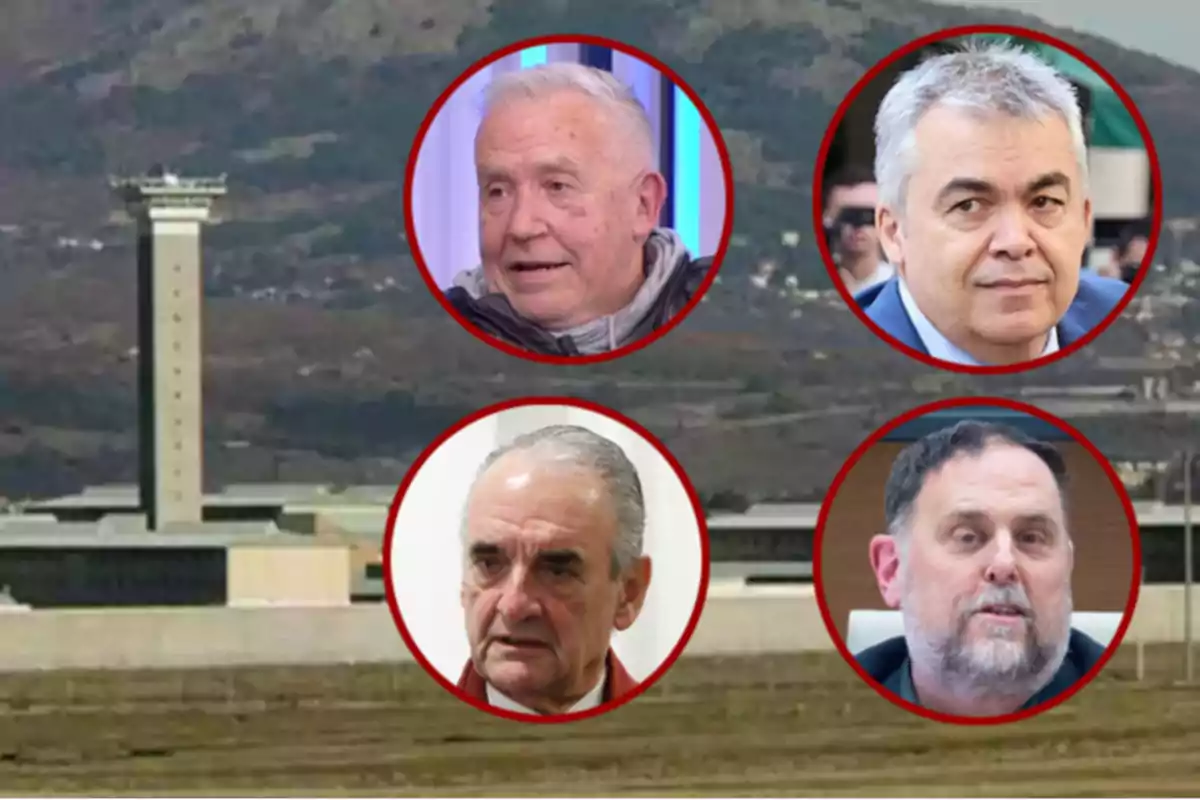 Cuatro hombres enmarcados en círculos rojos sobre el fondo de una prisión y una torre de vigilancia