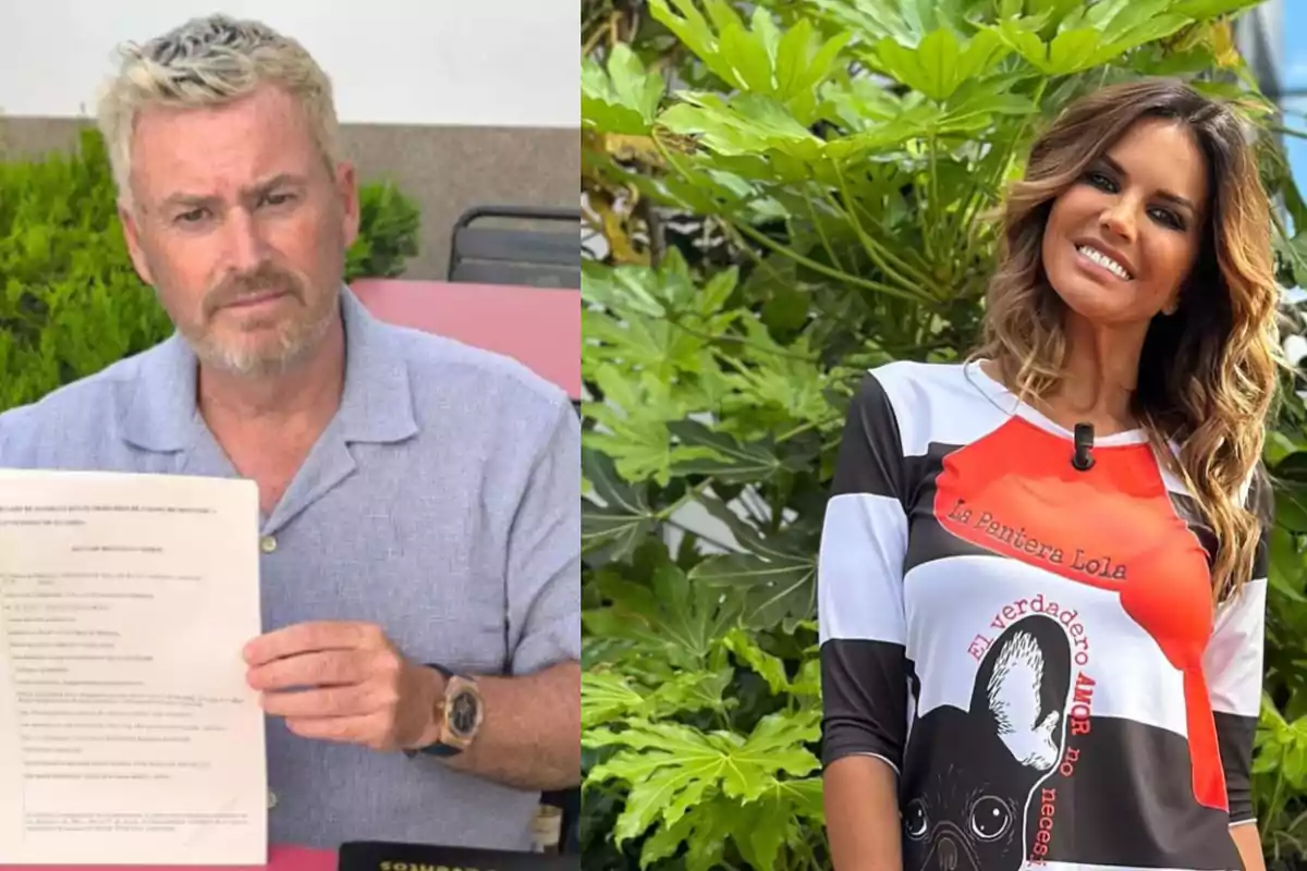 Un hombre de cabello claro sostiene un documento mientras mira a la cámara, junto a una mujer sonriente con el cabello ondulado y una camiseta colorida, ambos en exteriores con plantas de fondo.