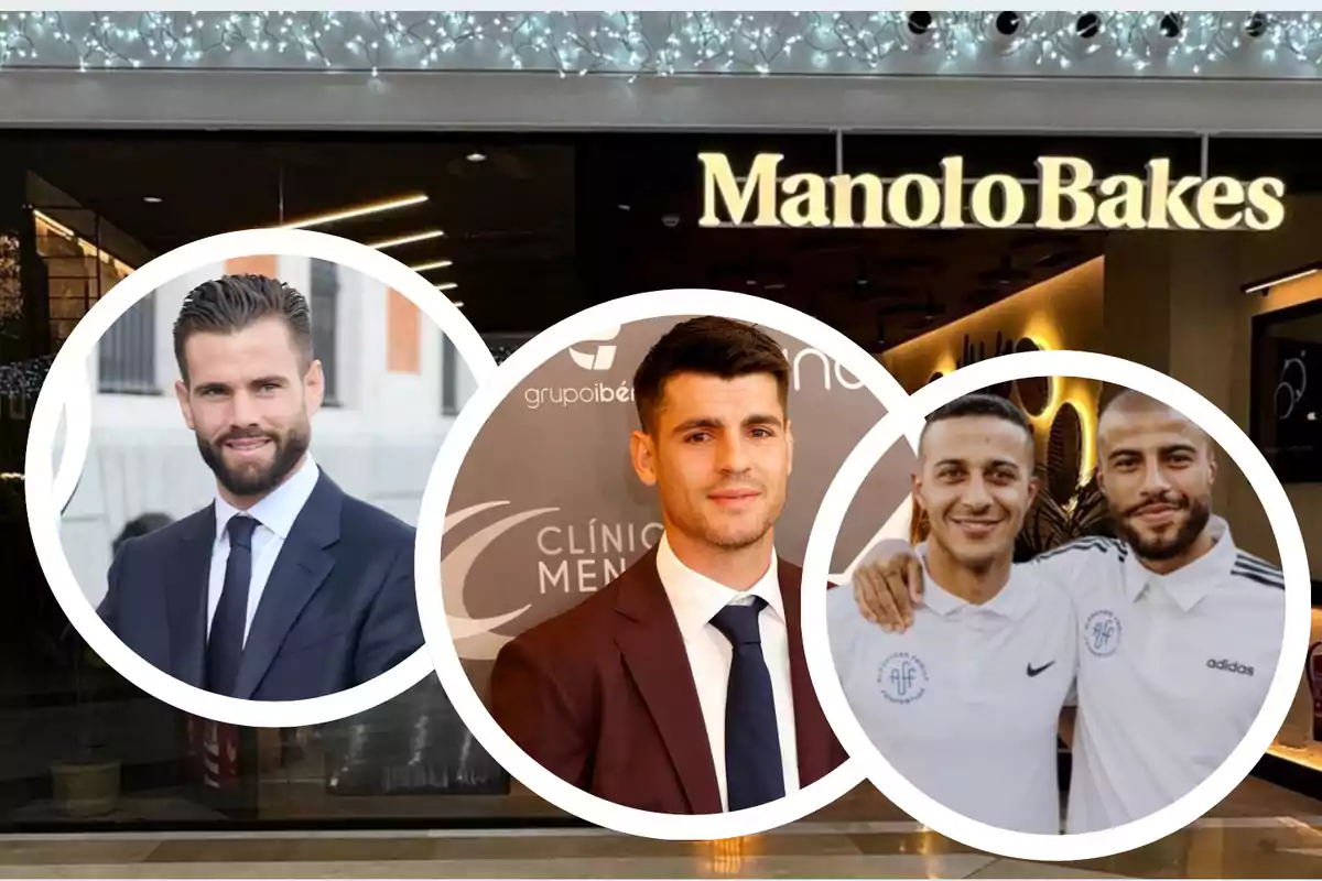 Fachada de una tienda Manolo Bakes con retratos de cuatro hombres en primer plano, todos vestidos de manera formal o deportiva