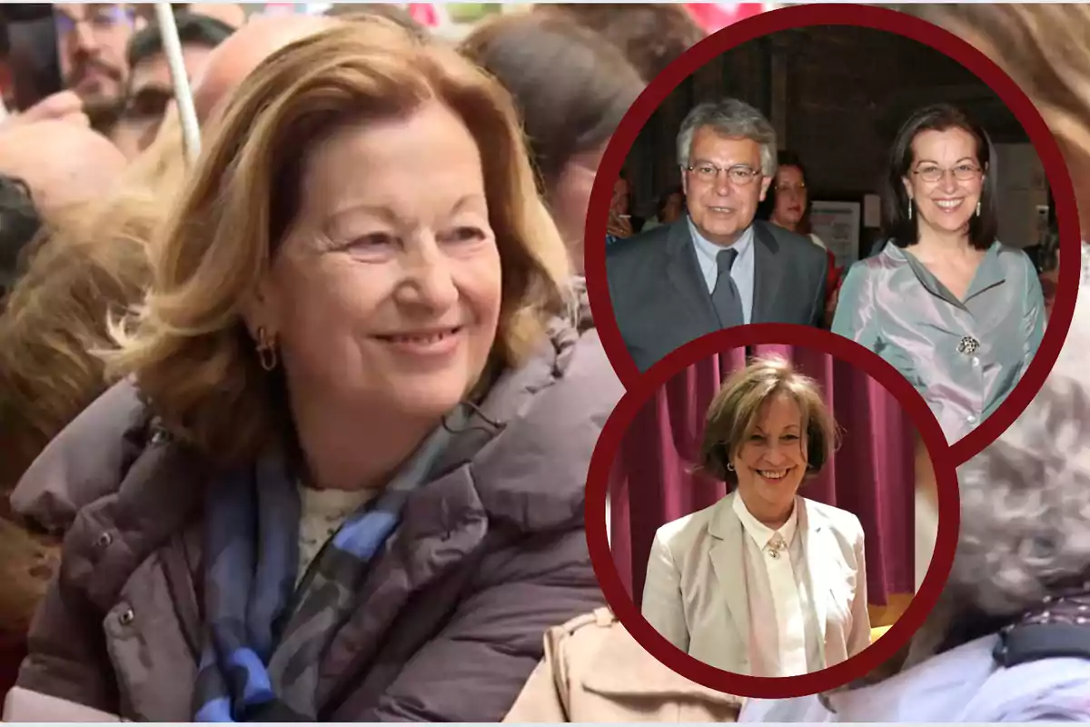 Mujer de cabello rubio sonriente en primer plano con dos recuadros circulares a la derecha que muestran a una pareja elegantemente vestida y a otra mujer de cabello castaño claro con chaqueta blanca sonriendo frente a una cortina roja