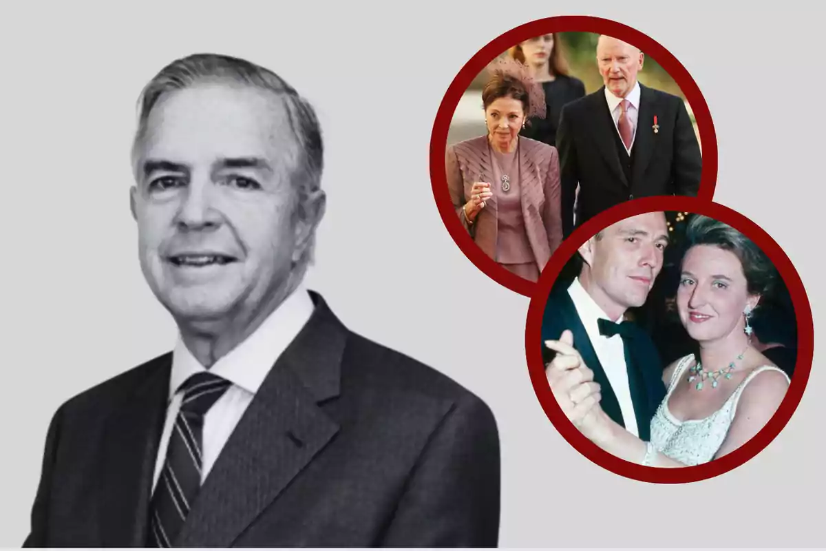 Hombre de cabello canoso con traje y corbata en blanco y negro al lado de dos círculos con fotos de parejas elegantemente vestidas