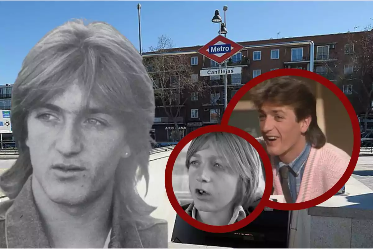 Montaje de tres imágenes de un hombre en diferentes etapas de su vida, con fondo de la entrada al metro Canillejas en Madrid.
