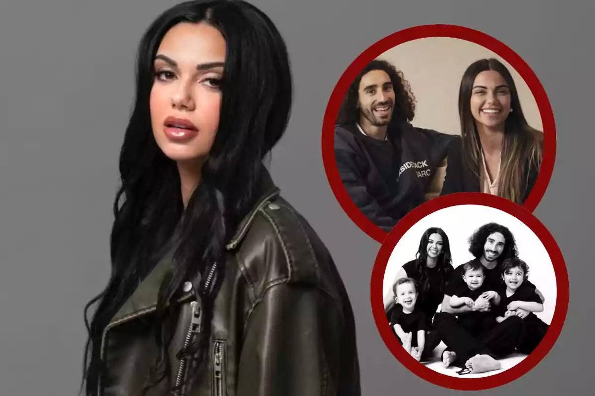 Mujer de cabello largo y oscuro con chaqueta de cuero en primer plano, acompañada de dos recuadros circulares a la derecha que muestran a la misma mujer con un hombre y en otra imagen en blanco y negro junto a tres niños pequeños