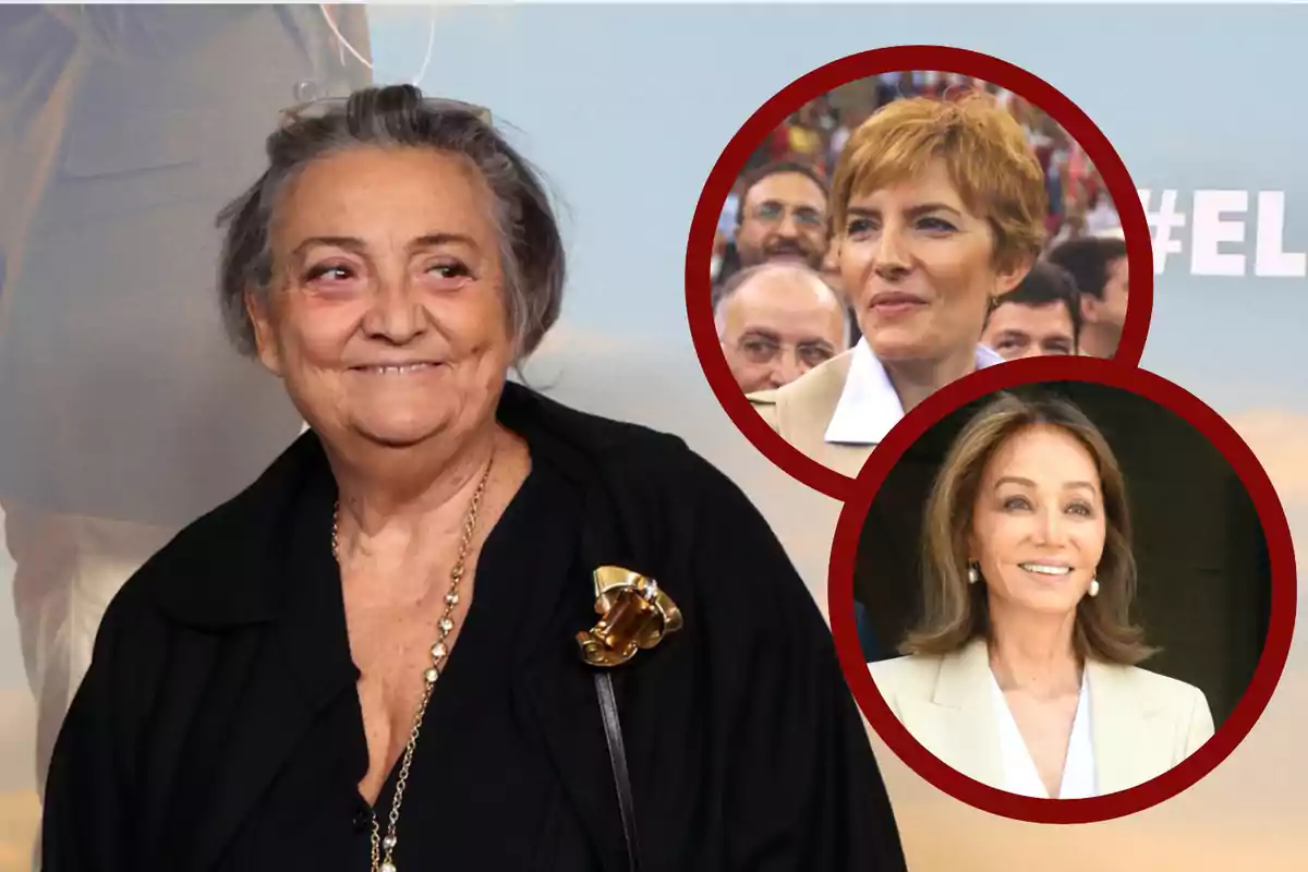 Mujer mayor de cabello canoso y corto sonríe en primer plano, mientras que en la esquina superior derecha aparecen dos mujeres enmarcadas en círculos rojos, una de cabello corto y otra de cabello largo, ambas con chaquetas claras.