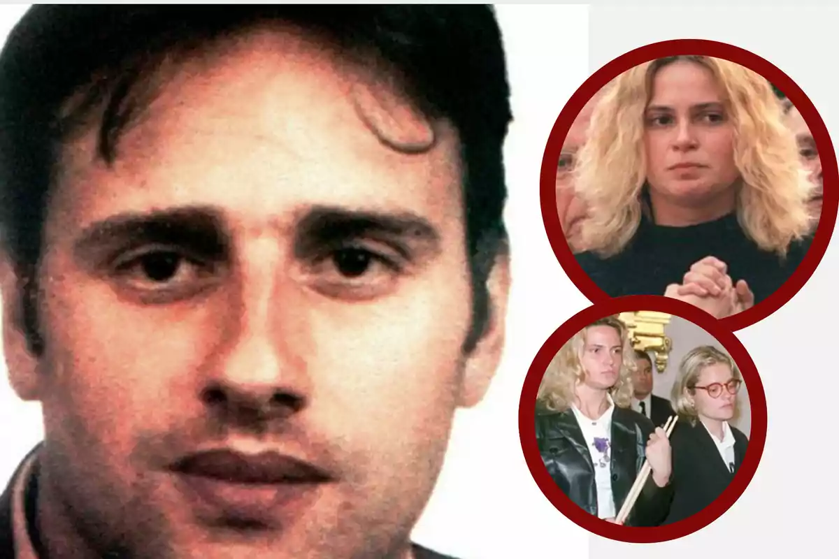 Retrato de un hombre de cabello oscuro en primer plano y dos recuadros circulares con mujeres de cabello rubio en diferentes situaciones