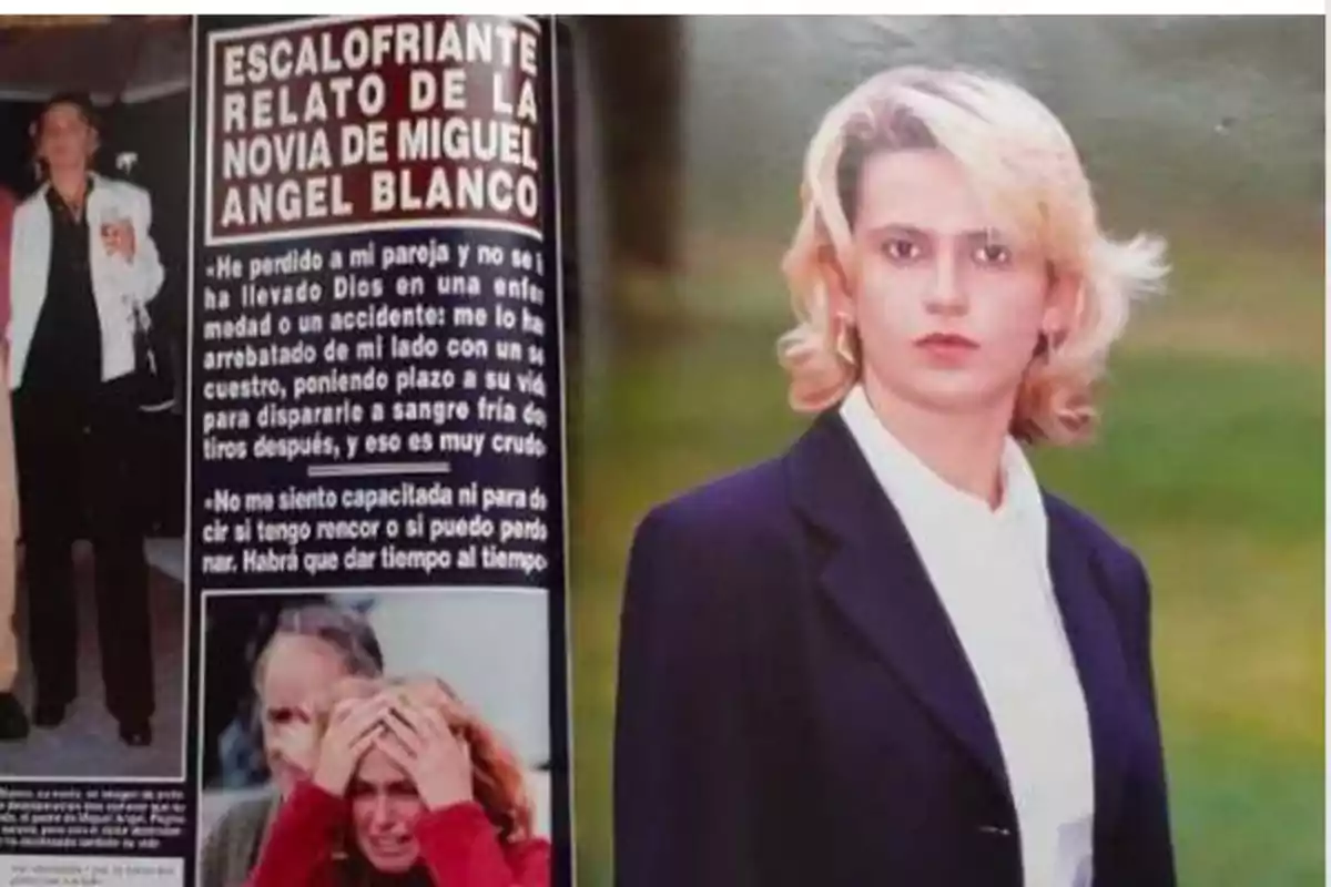 Revista con el testimonio de la novia de Miguel Ángel Blanco y una foto de una mujer rubia con chaqueta oscura y camisa blanca Revista con el testimonio de la novia de Miguel Ángel Blanco y una foto de una mujer rubia con chaqueta oscura y camisa blanca