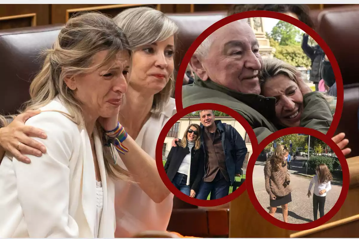 Mujer emocionada siendo consolada por otra persona en un entorno formal, acompañada de tres imágenes circulares más pequeñas que muestran momentos familiares y afectivos