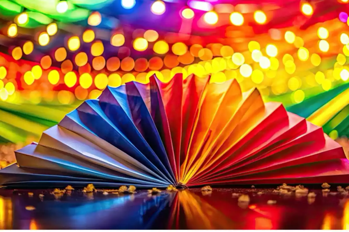 Papel doblado en forma de abanico con colores del arcoíris y luces desenfocadas al fondo