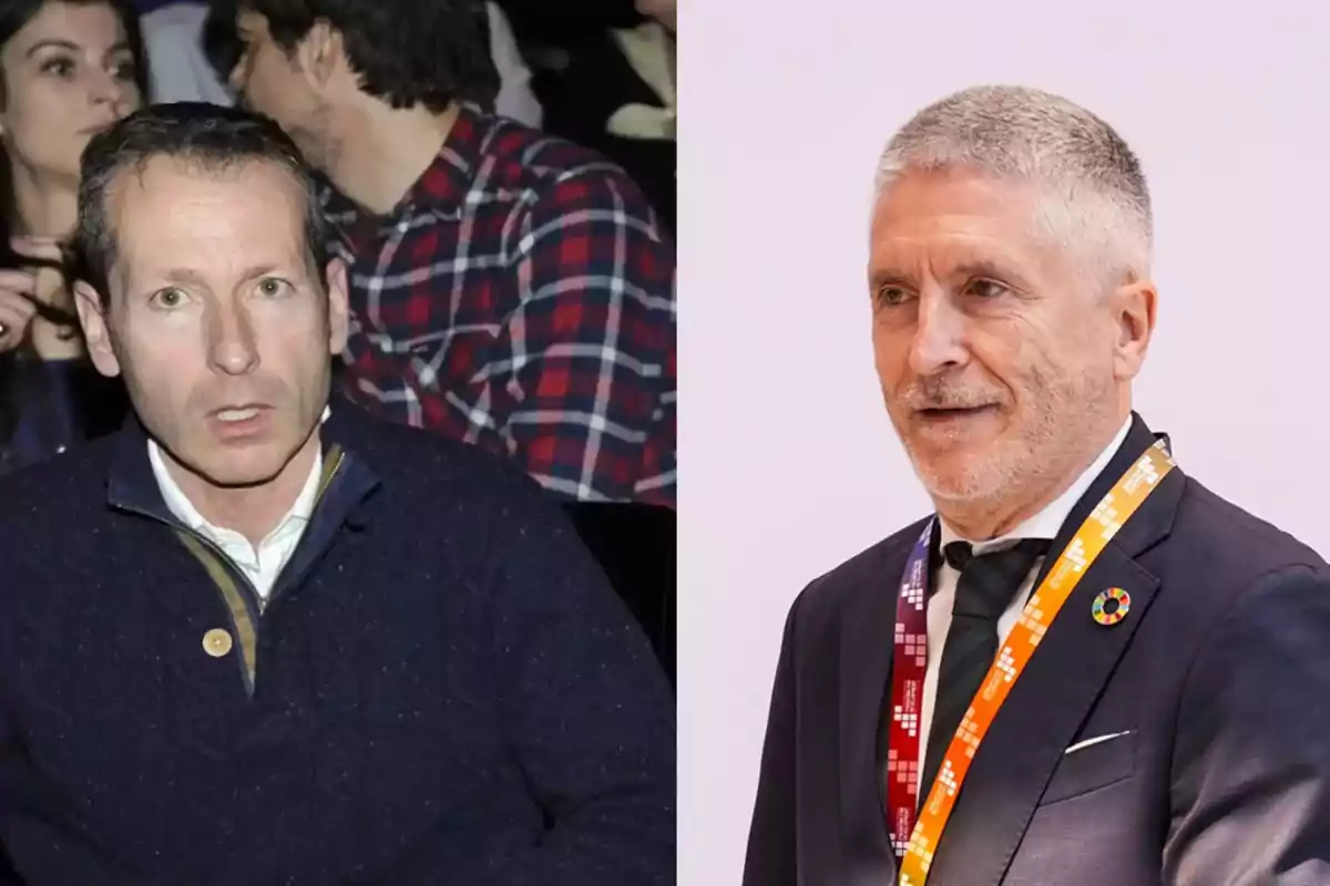 Dos hombres de mediana edad, uno con suéter azul marino en un ambiente informal y otro con traje y corbata en un entorno profesional Dos hombres de mediana edad, uno con suéter azul marino en un ambiente informal y otro con traje y corbata en un entorno profesional