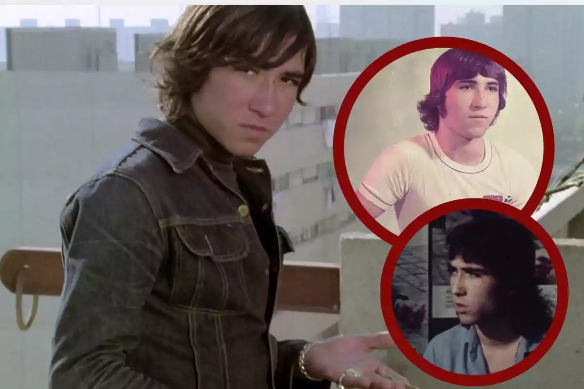 Joven con chaqueta de mezclilla en una azotea y dos retratos circulares de la misma persona en diferentes momentos de su vida