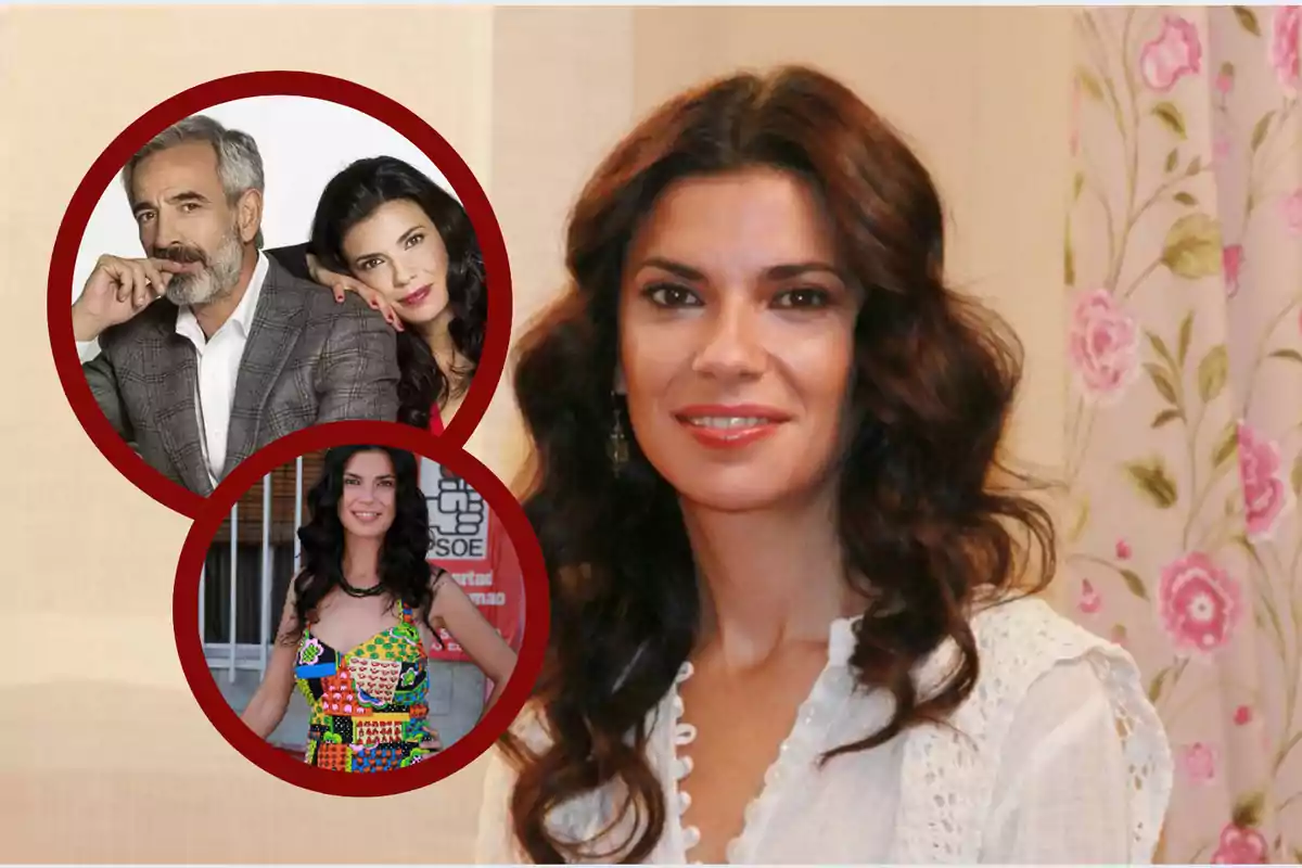 Mujer de cabello oscuro y rizado con blusa blanca al frente, al fondo dos círculos rojos muestran una foto de ella con un hombre de cabello canoso y otra de ella con un vestido colorido