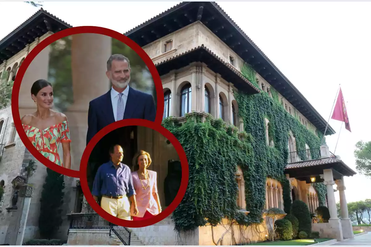 Fachada de un edificio cubierto de enredaderas con una bandera ondeando y dos círculos superpuestos mostrando a dos parejas elegantemente vestidas